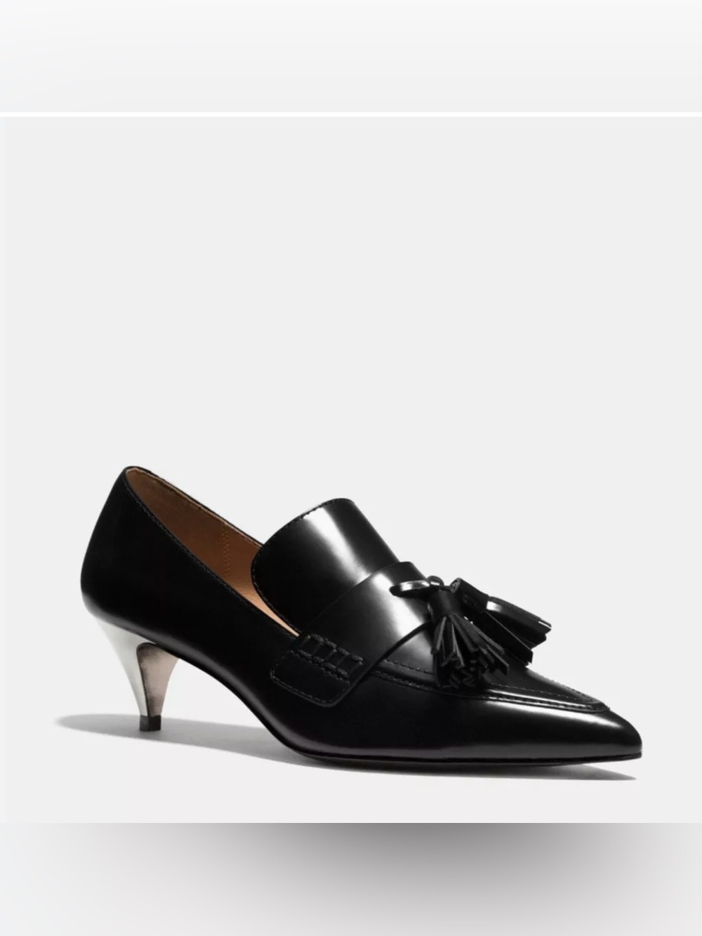 COACH| Wmns Black Leather Betty Heeled Loafer Tassle Sz 9B Office - Picture 12 of 13